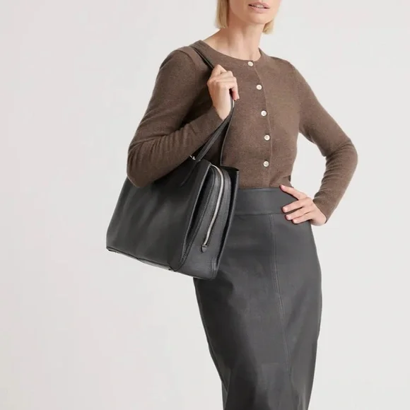 NWOT QUINCE Italian Black Leather Triple Compartment Work Bag - Picture 13 of 13